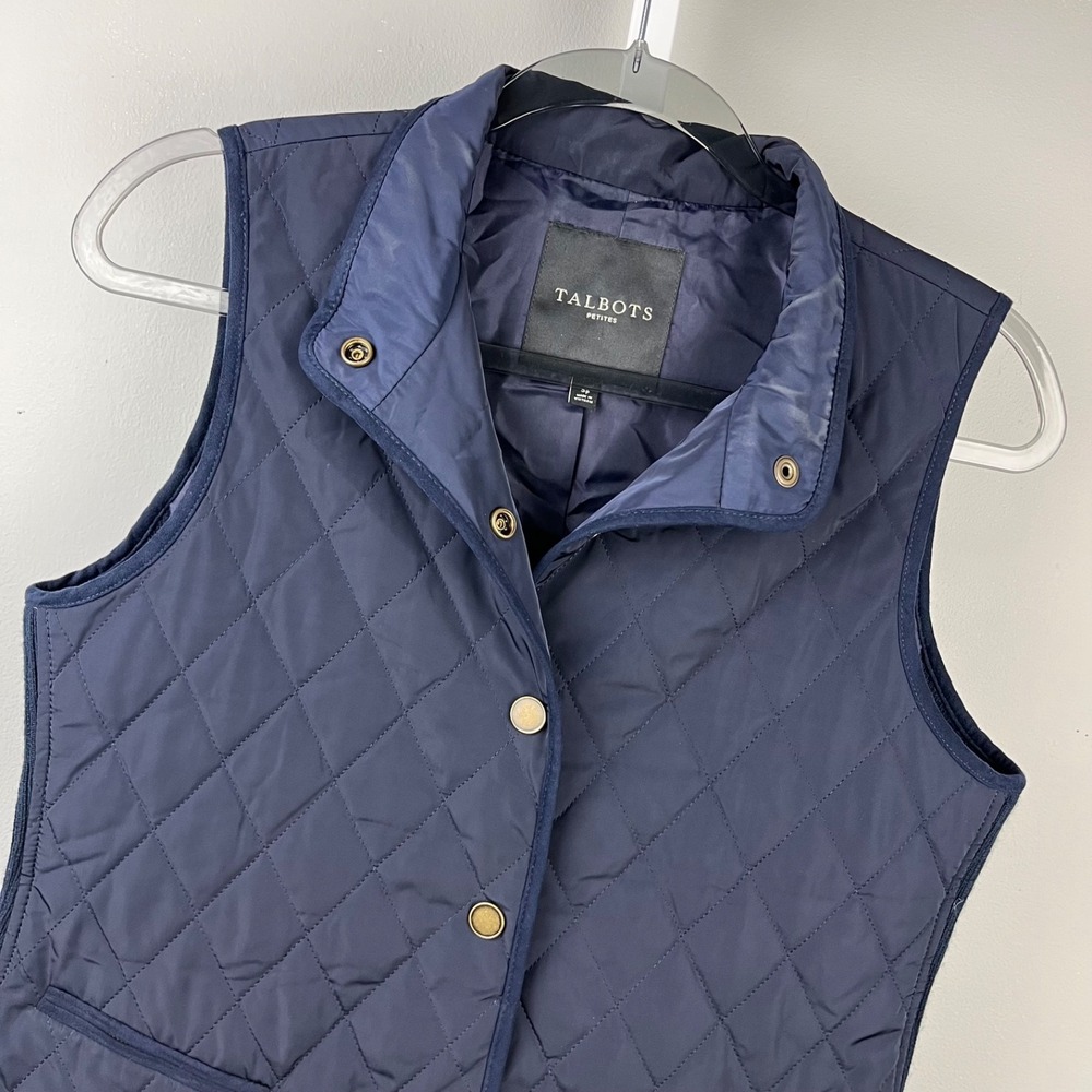Talbots Petites Quilted Vest Jacket Womens SP Navy Blue Knit Sides Snap Front